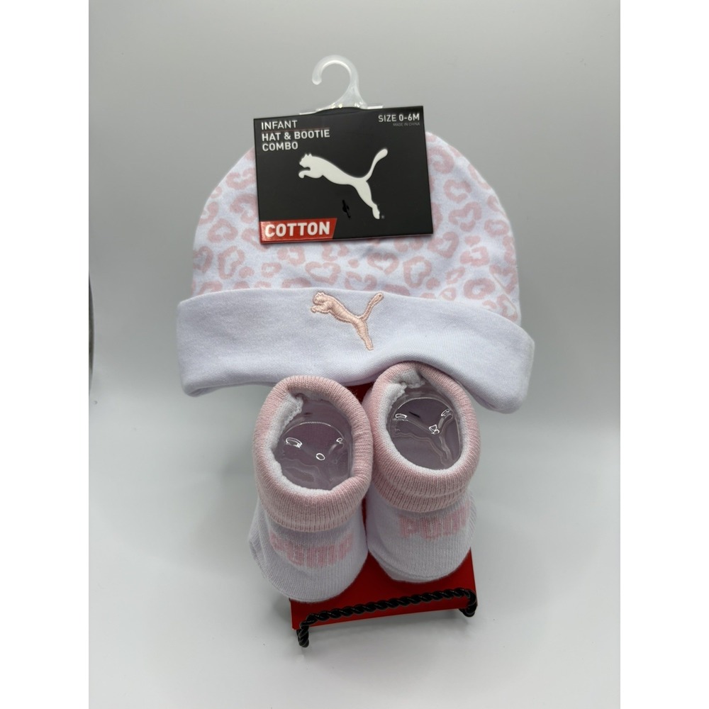 Puma Baby Girl 2pc Hat and Booties Set Pink White Leopard Heart Newborn 0-6M NWT
